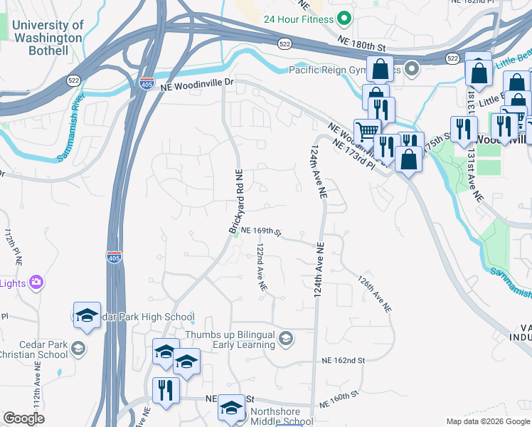 map of restaurants, bars, coffee shops, grocery stores, and more near 12143 Northeast 170th Place in Bothell