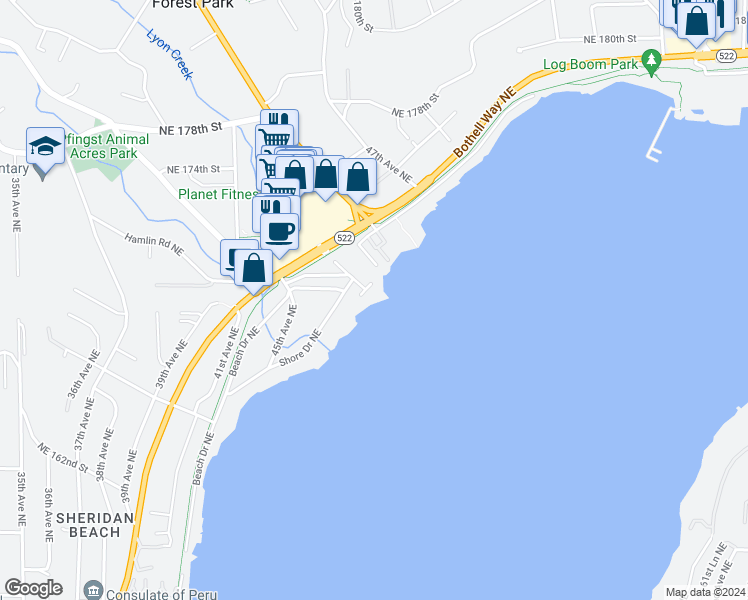 map of restaurants, bars, coffee shops, grocery stores, and more near 4701 Northeast Shore Place in Lake Forest Park