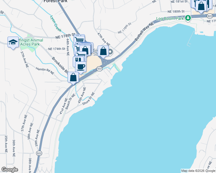map of restaurants, bars, coffee shops, grocery stores, and more near 4701 Northeast Shore Place in Lake Forest Park