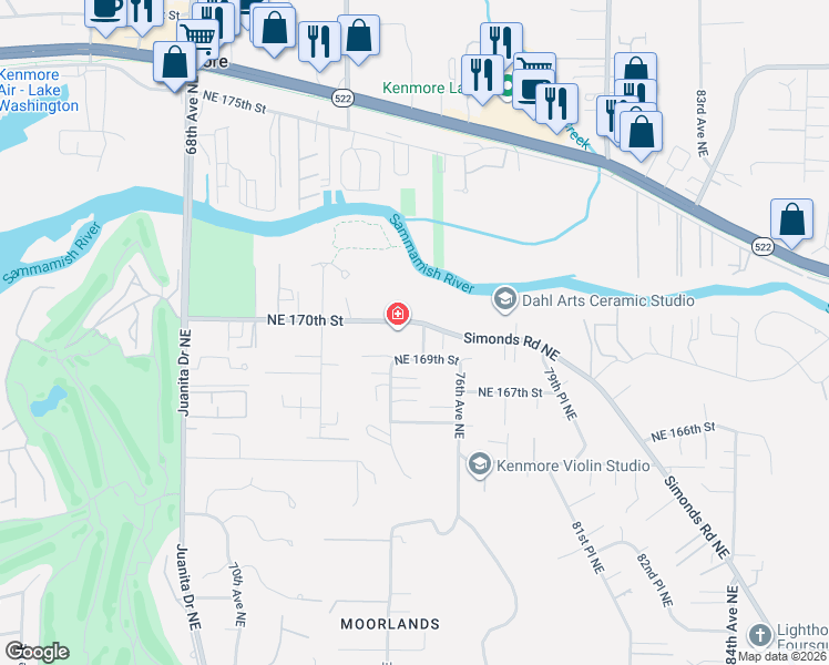 map of restaurants, bars, coffee shops, grocery stores, and more near 16911 75th Avenue Northeast in Kenmore