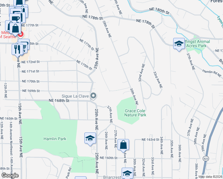 map of restaurants, bars, coffee shops, grocery stores, and more near 2609 Northeast 169th Street in Lake Forest Park