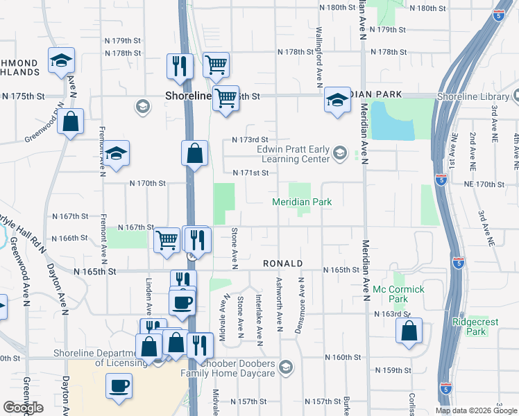map of restaurants, bars, coffee shops, grocery stores, and more near 1324 North 167th Street in Shoreline