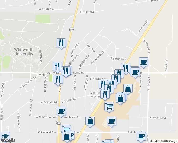 map of restaurants, bars, coffee shops, grocery stores, and more near 225 East Hawthorne Road in Spokane