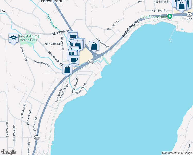 map of restaurants, bars, coffee shops, grocery stores, and more near 4728 Northeast 172nd Street in Lake Forest Park