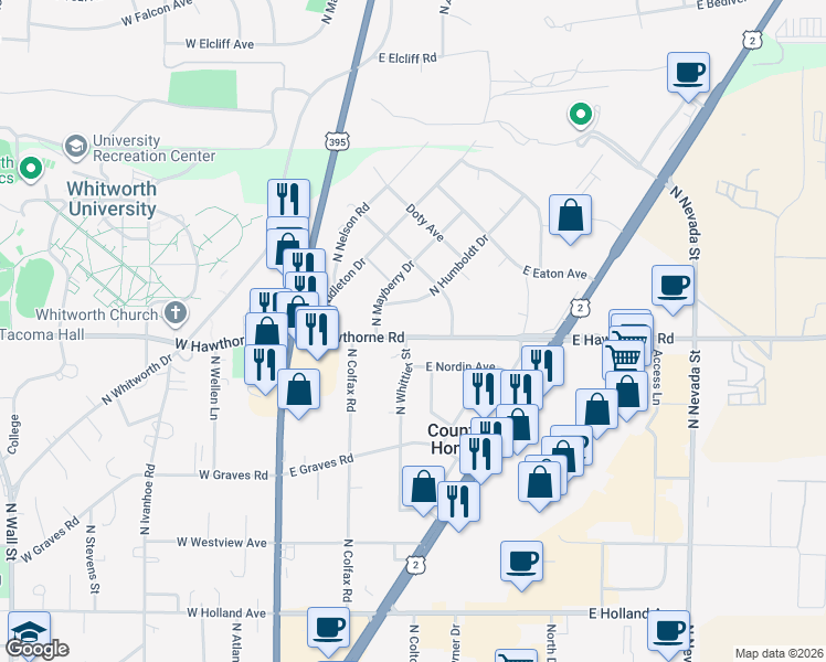 map of restaurants, bars, coffee shops, grocery stores, and more near 223 East Hawthorne Road in Spokane