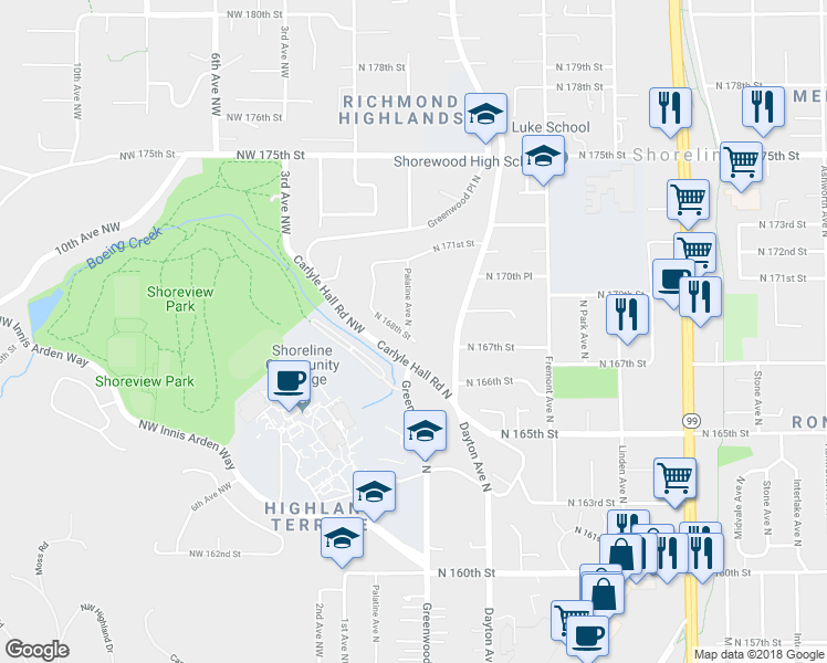 map of restaurants, bars, coffee shops, grocery stores, and more near 204 North 168th Street in Seattle