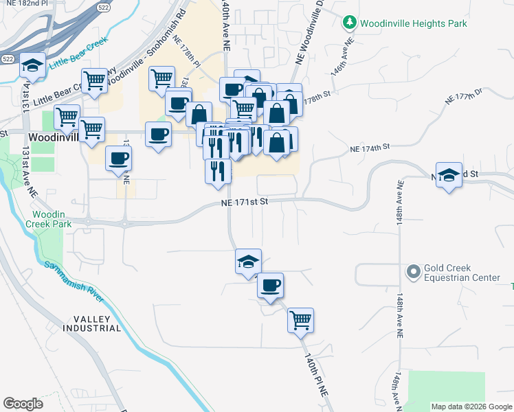 map of restaurants, bars, coffee shops, grocery stores, and more near 17084 140th Court Northeast in Woodinville