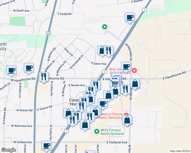 map of restaurants, bars, coffee shops, grocery stores, and more near 544 East Hawthorne Road in Spokane