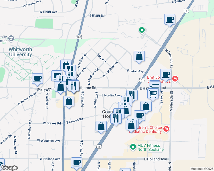 map of restaurants, bars, coffee shops, grocery stores, and more near 320 East Hawthorne Road in Spokane
