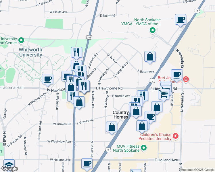 map of restaurants, bars, coffee shops, grocery stores, and more near 208 East Hawthorne Road in Spokane