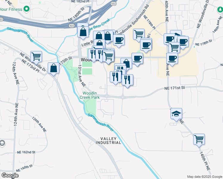 map of restaurants, bars, coffee shops, grocery stores, and more near in Woodinville