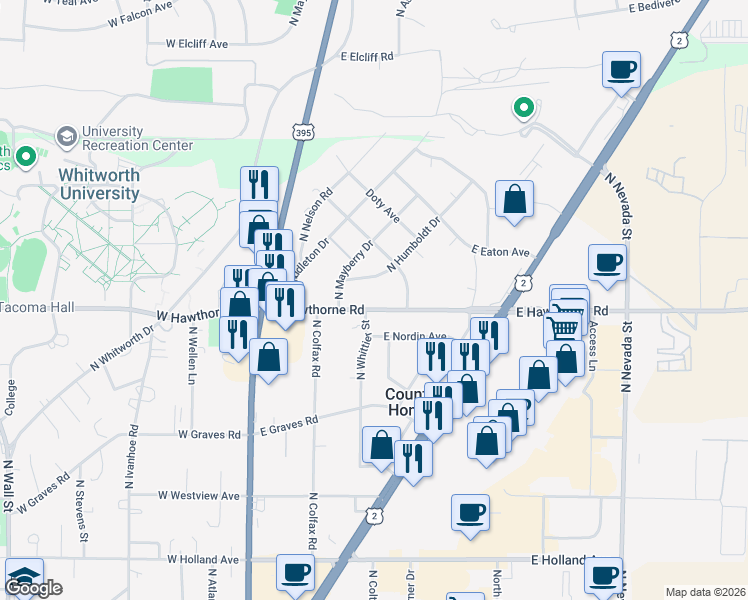 map of restaurants, bars, coffee shops, grocery stores, and more near 208 East Hawthorne Road in Spokane