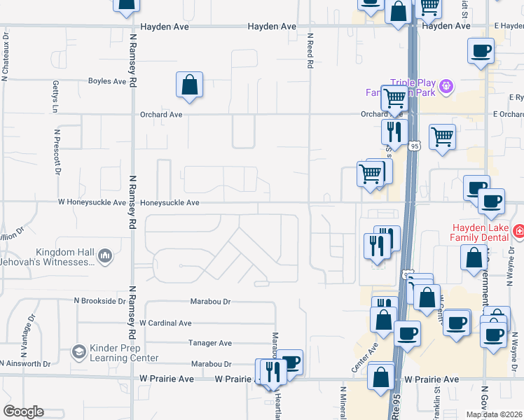 map of restaurants, bars, coffee shops, grocery stores, and more near 1020 West Woodlawn Drive in Hayden
