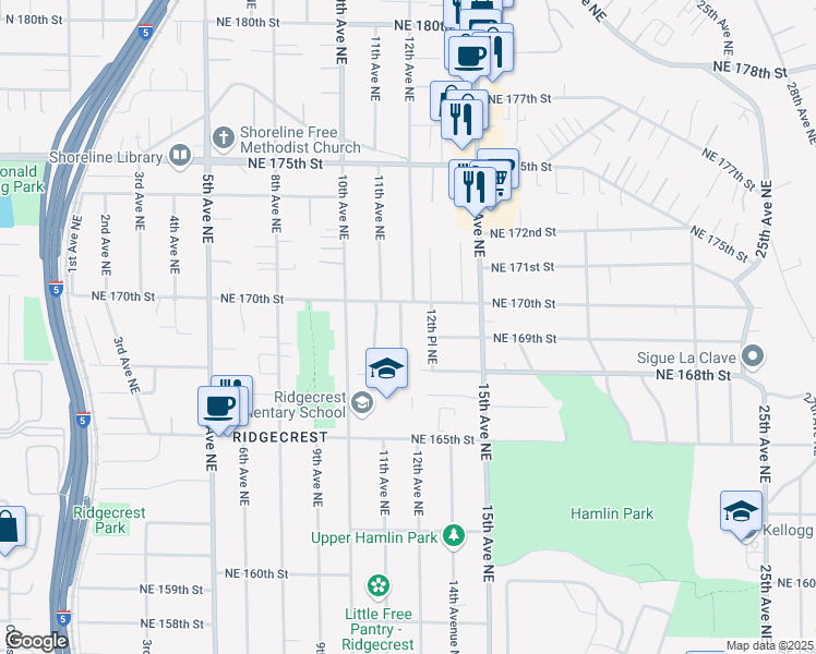 map of restaurants, bars, coffee shops, grocery stores, and more near 16824 11th Place Northeast in Shoreline