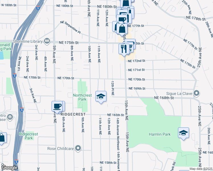 map of restaurants, bars, coffee shops, grocery stores, and more near 16824 11th Place Northeast in Shoreline