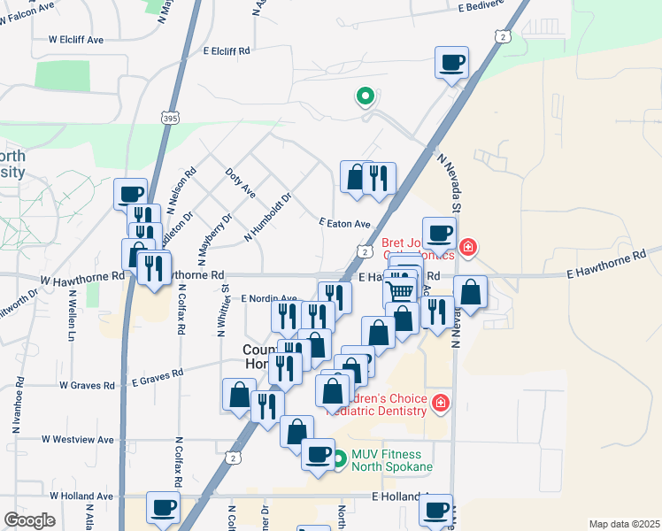 map of restaurants, bars, coffee shops, grocery stores, and more near 551 East Hawthorne Road in Spokane