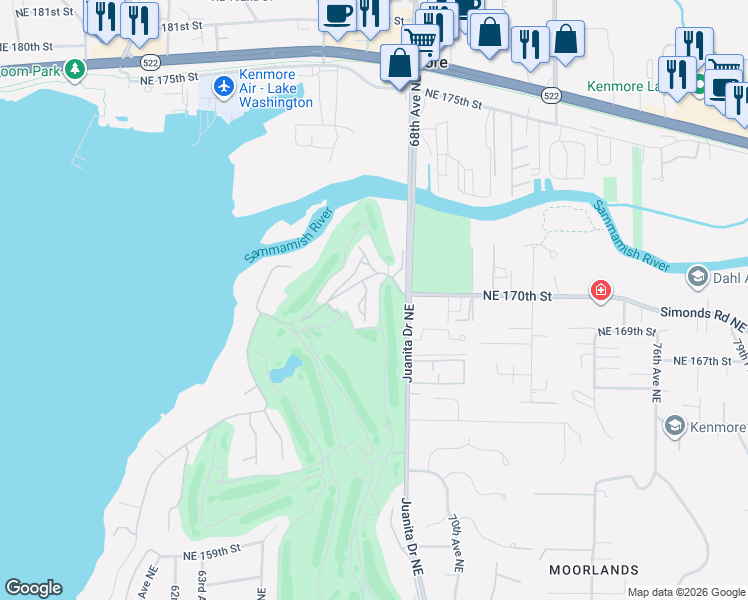 map of restaurants, bars, coffee shops, grocery stores, and more near 16954 65th Lane Northeast in Kenmore