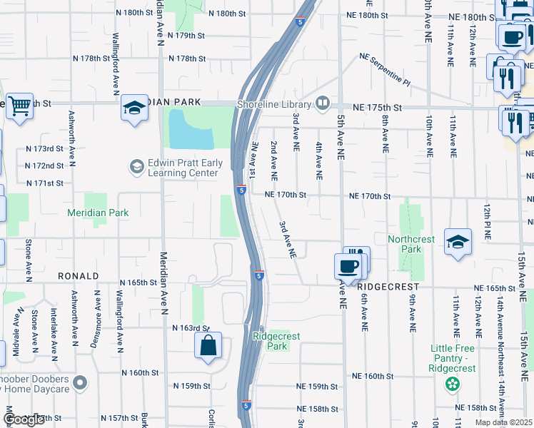 map of restaurants, bars, coffee shops, grocery stores, and more near 16738 2nd Avenue Northeast in Shoreline