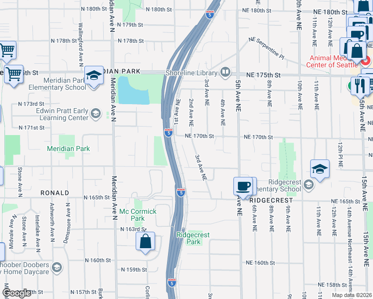 map of restaurants, bars, coffee shops, grocery stores, and more near 16738 2nd Avenue Northeast in Shoreline