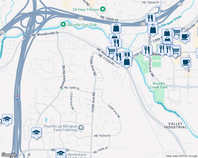 map of restaurants, bars, coffee shops, grocery stores, and more near 12435 Northeast 171st Place in Woodinville