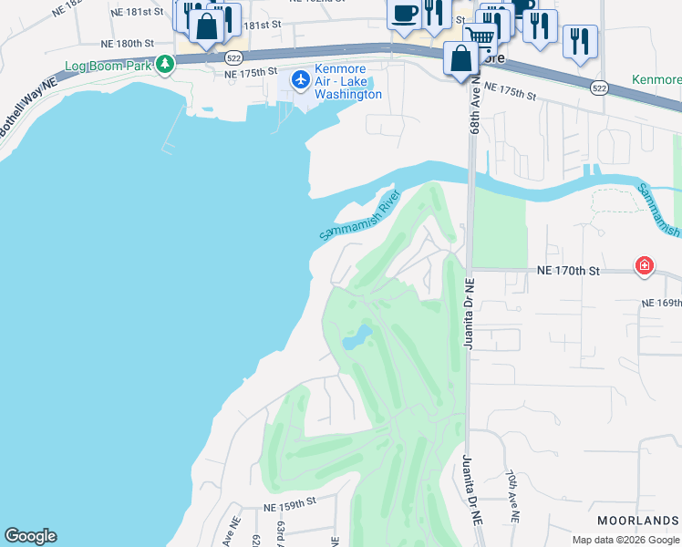 map of restaurants, bars, coffee shops, grocery stores, and more near 16925 Inglewood Road Northeast in Kenmore
