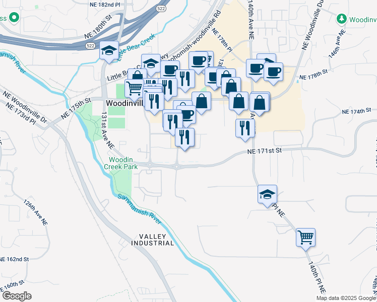 map of restaurants, bars, coffee shops, grocery stores, and more near 17300 135th Avenue Northeast in Woodinville