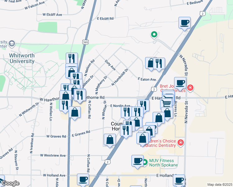 map of restaurants, bars, coffee shops, grocery stores, and more near 10309 North Hooper Road in Spokane