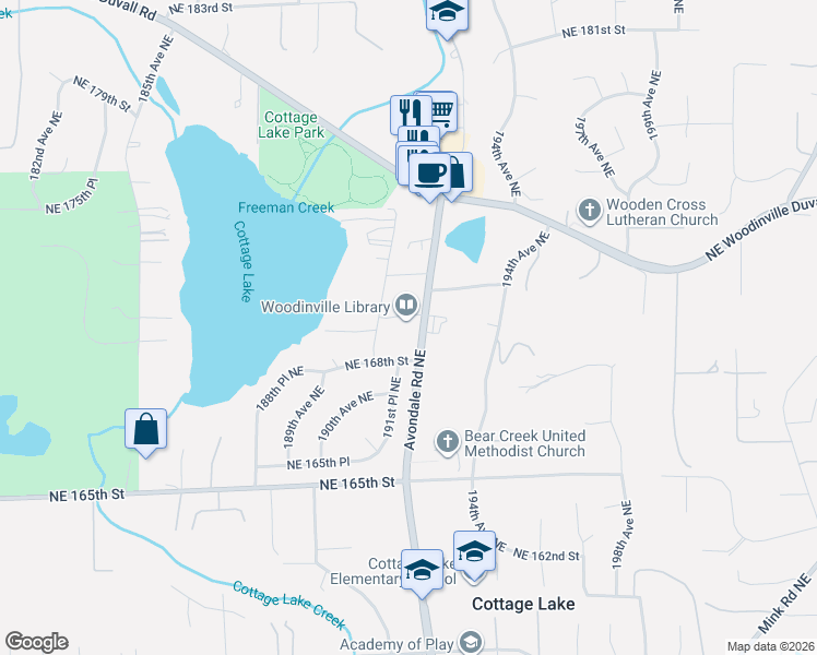 map of restaurants, bars, coffee shops, grocery stores, and more near 17105 Avondale Road Northeast in Woodinville