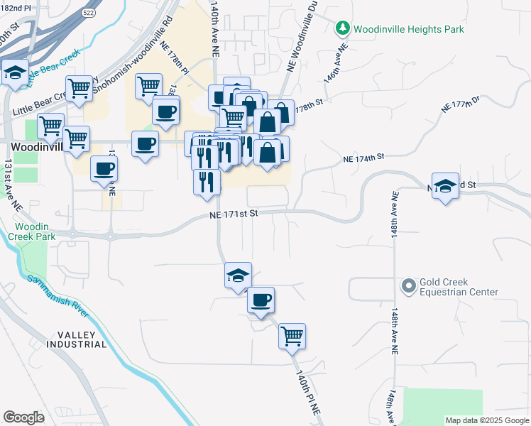 map of restaurants, bars, coffee shops, grocery stores, and more near 17091 142nd Place Northeast in Woodinville