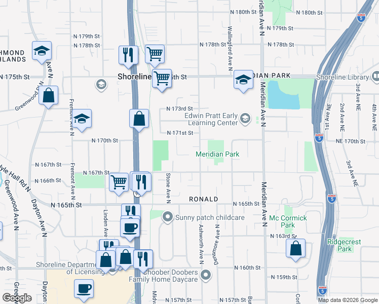 map of restaurants, bars, coffee shops, grocery stores, and more near 1324 North 167th Street in Shoreline