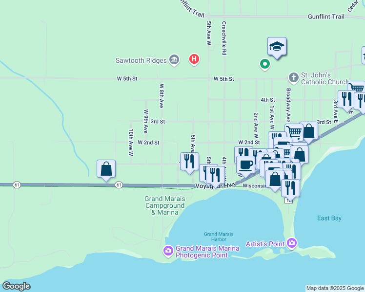 map of restaurants, bars, coffee shops, grocery stores, and more near 107 6th Avenue West in Grand Marais