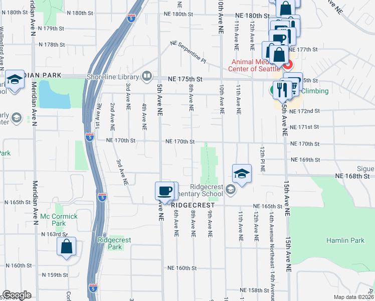 map of restaurants, bars, coffee shops, grocery stores, and more near 16747 8th Avenue Northeast in Shoreline