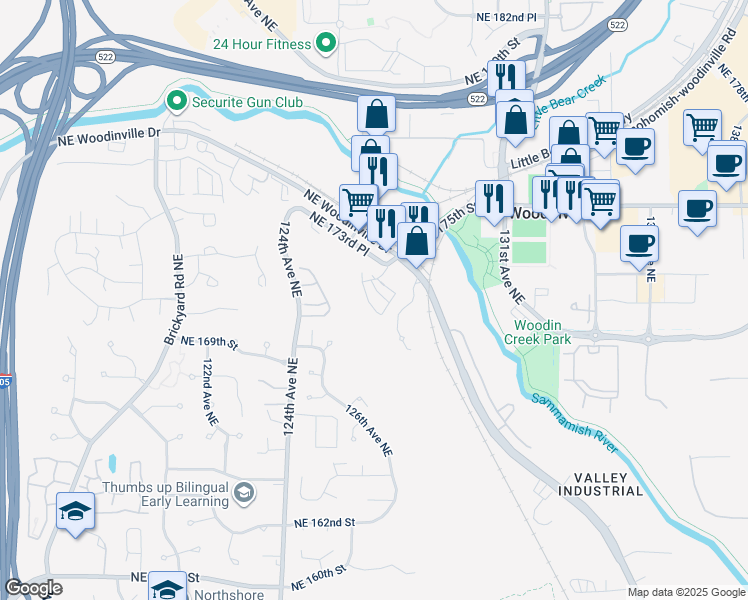 map of restaurants, bars, coffee shops, grocery stores, and more near 12731 Northeast 171st Lane in Woodinville