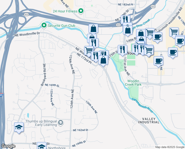 map of restaurants, bars, coffee shops, grocery stores, and more near 17220 127th Place Northeast in Woodinville