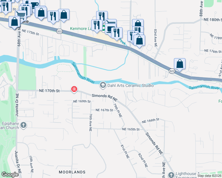 map of restaurants, bars, coffee shops, grocery stores, and more near 7904 Northeast 170th Street in Kenmore