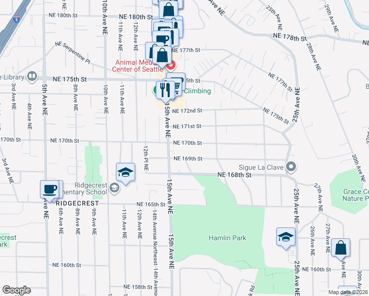 map of restaurants, bars, coffee shops, grocery stores, and more near 1542 Northeast 170th Street in Shoreline