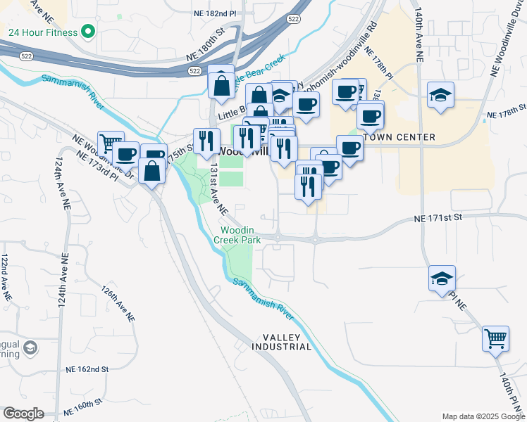 map of restaurants, bars, coffee shops, grocery stores, and more near 17143 133rd Avenue Northeast in Woodinville