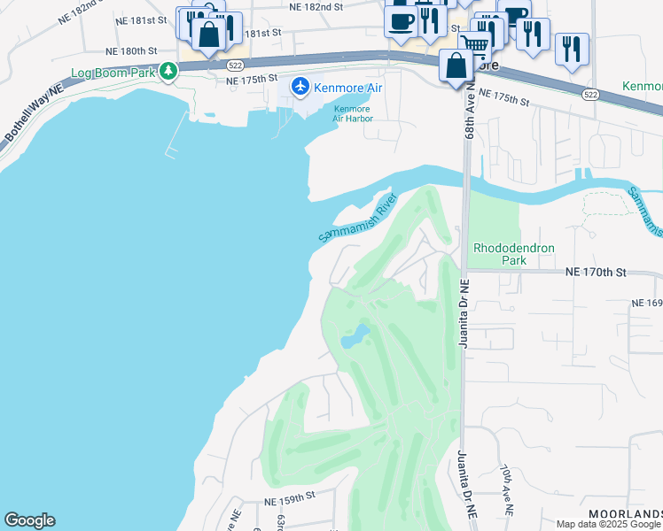 map of restaurants, bars, coffee shops, grocery stores, and more near 16925 Inglewood Road Northeast in Kenmore