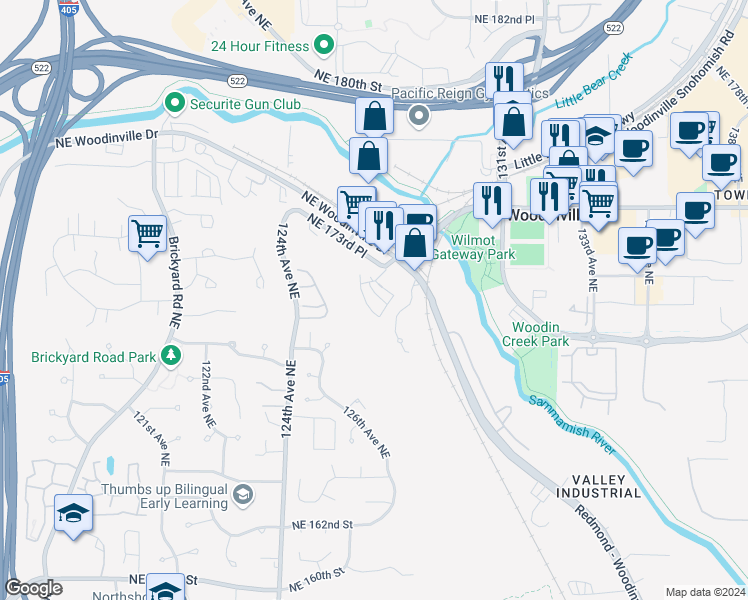 map of restaurants, bars, coffee shops, grocery stores, and more near 17220 127th Place Northeast in Woodinville