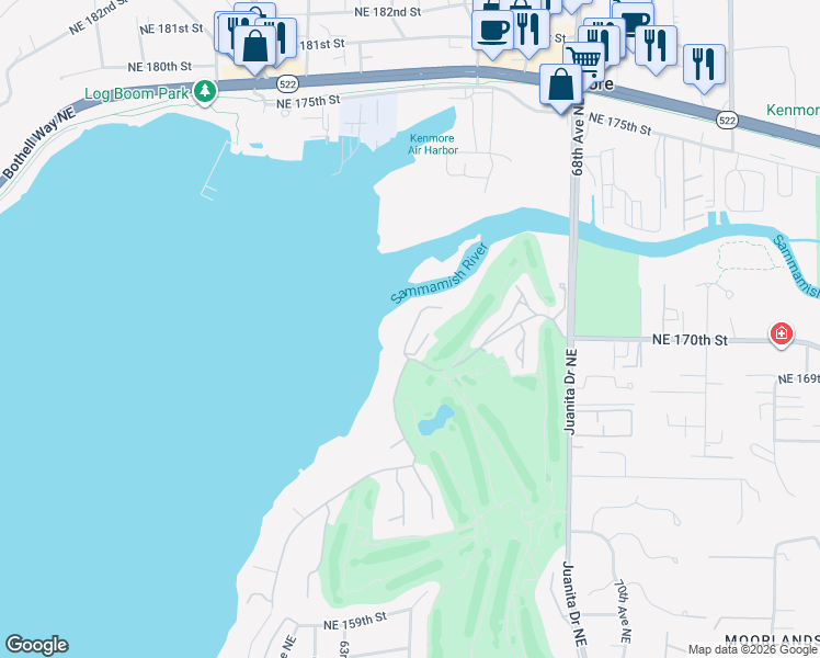 map of restaurants, bars, coffee shops, grocery stores, and more near 16925 Inglewood Road Northeast in Kenmore
