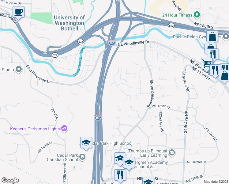 map of restaurants, bars, coffee shops, grocery stores, and more near 17114 117th Court Northeast in Bothell