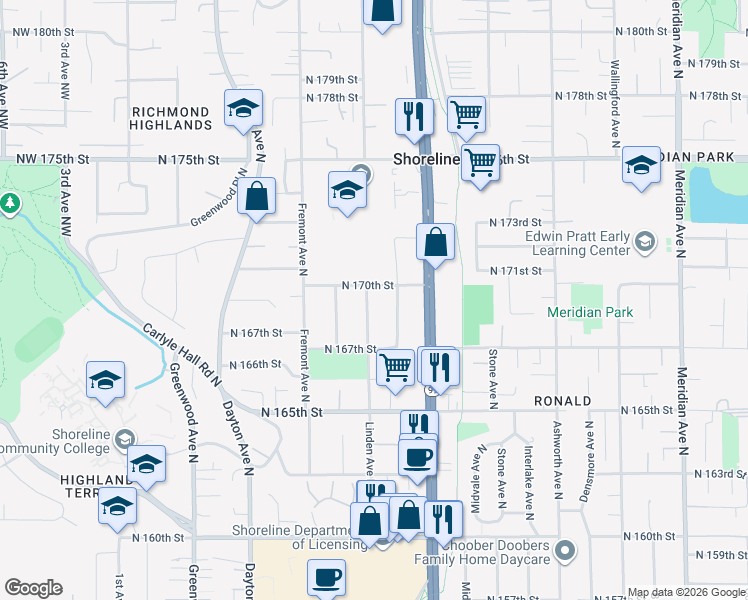 map of restaurants, bars, coffee shops, grocery stores, and more near 16757 Whitman Avenue North in Shoreline