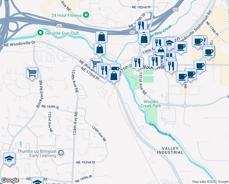 map of restaurants, bars, coffee shops, grocery stores, and more near 17240 128th Place Northeast in Woodinville