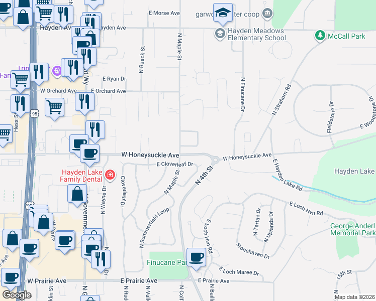 map of restaurants, bars, coffee shops, grocery stores, and more near 653 Maple Place in Hayden