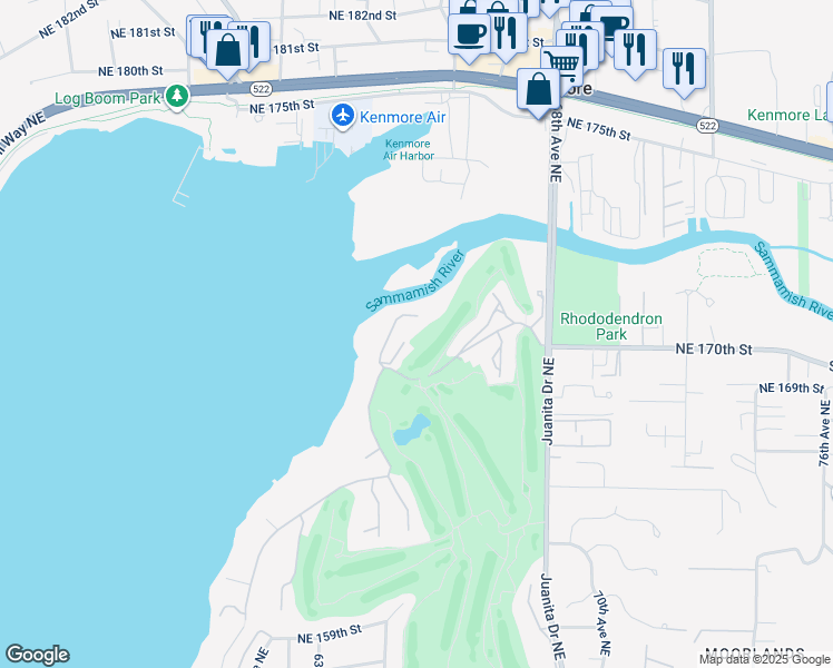 map of restaurants, bars, coffee shops, grocery stores, and more near 16933 Inglewood Road Northeast in Kenmore