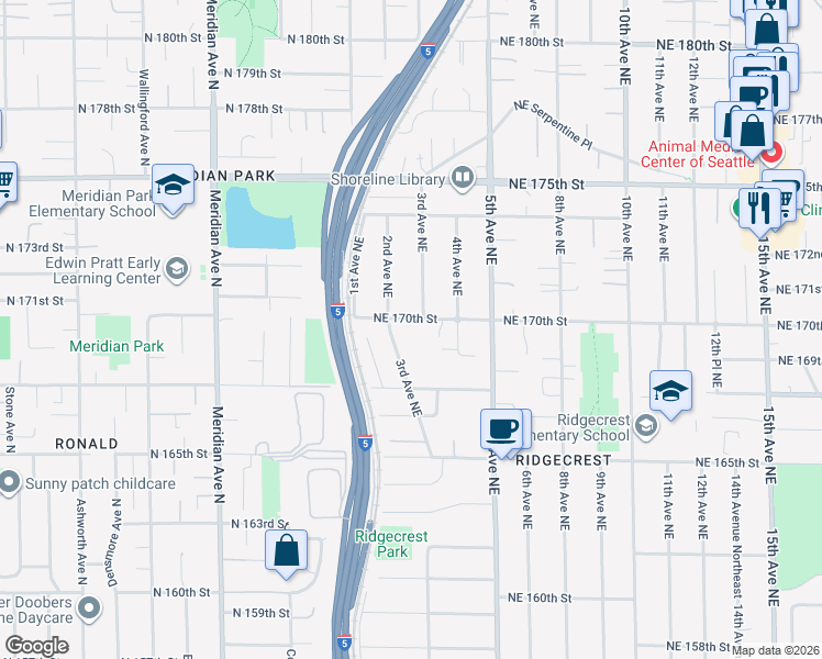 map of restaurants, bars, coffee shops, grocery stores, and more near 308 Northeast 170th Street in Shoreline