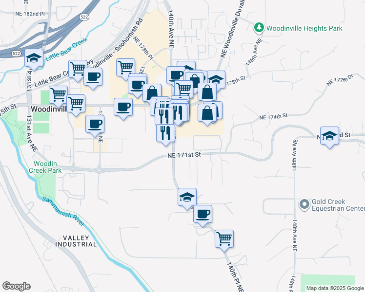 map of restaurants, bars, coffee shops, grocery stores, and more near 17110 140th Avenue Northeast in Woodinville