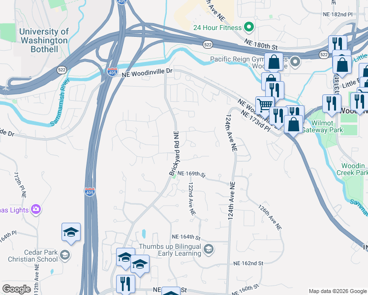 map of restaurants, bars, coffee shops, grocery stores, and more near 12105 Northeast 171st Place in Bothell