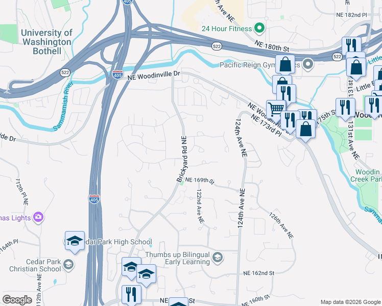 map of restaurants, bars, coffee shops, grocery stores, and more near 12113 Northeast 171st Place in Bothell