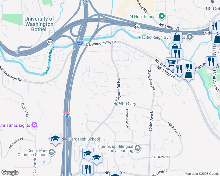 map of restaurants, bars, coffee shops, grocery stores, and more near 17205 119th Avenue Northeast in Bothell